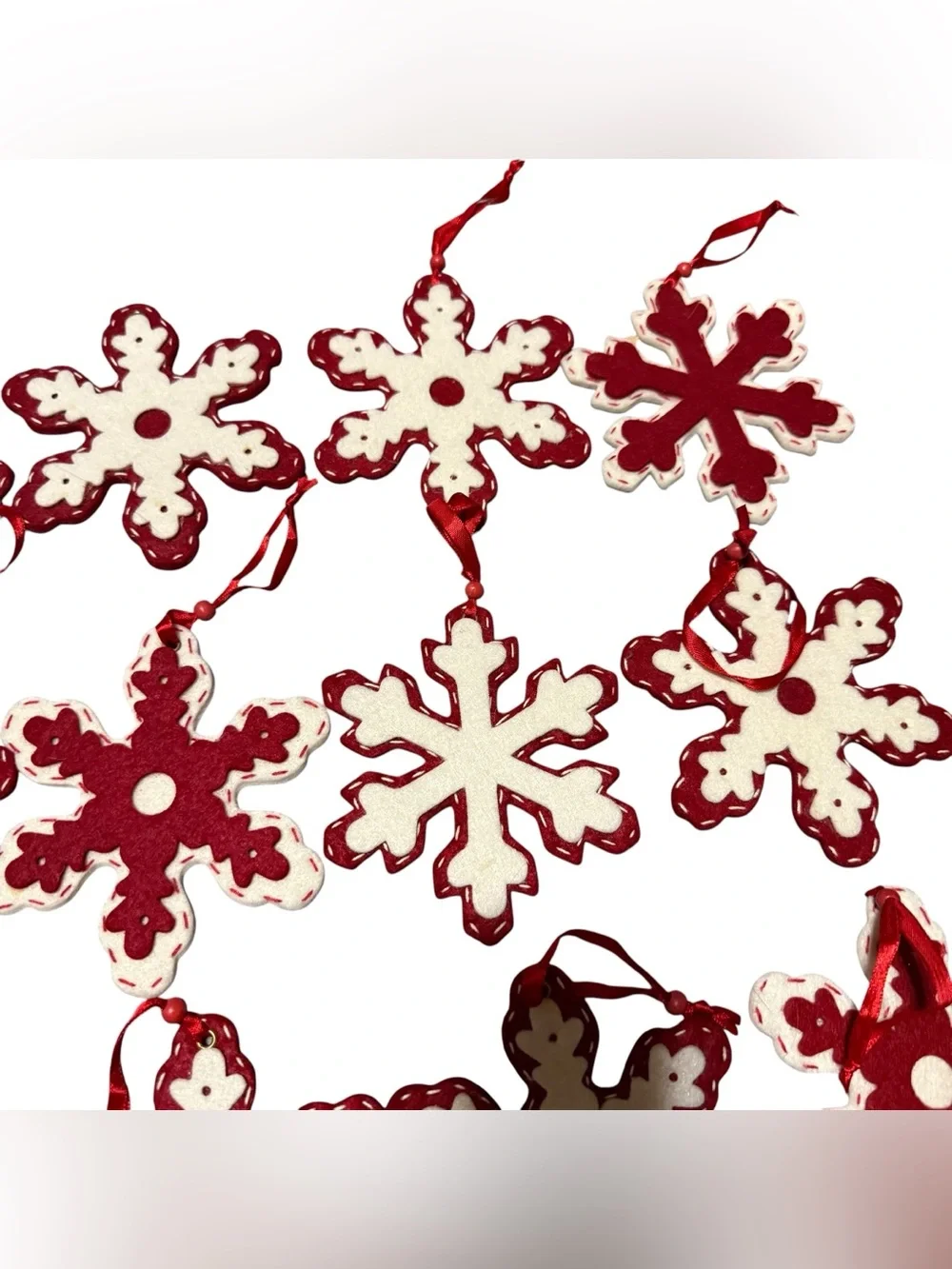 Lot Of 18 Snowflake Christmas Ornaments Felt Red White